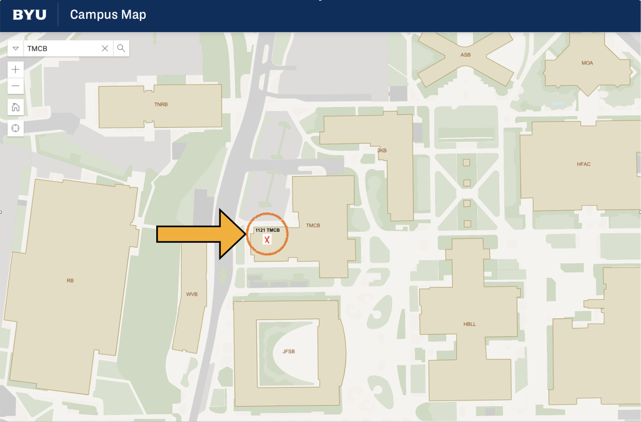 BYU Campus Map showing the location of TMCB