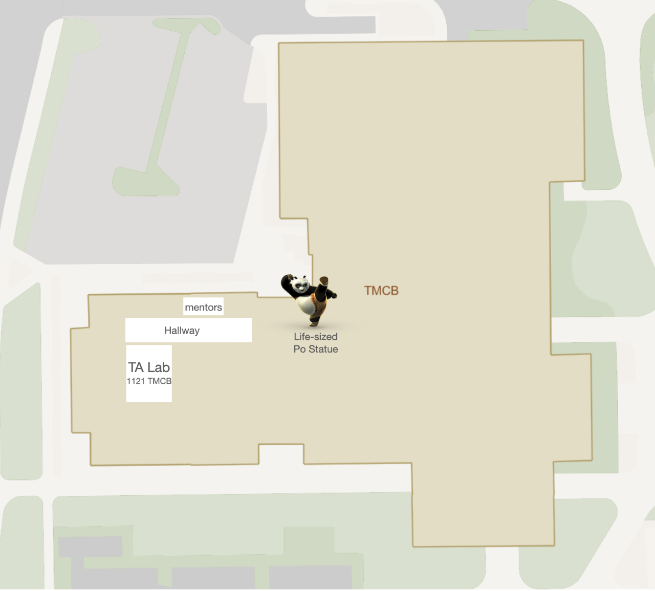 TMCB Map showing the location of TMCB 1121 in relation to the Po statue.