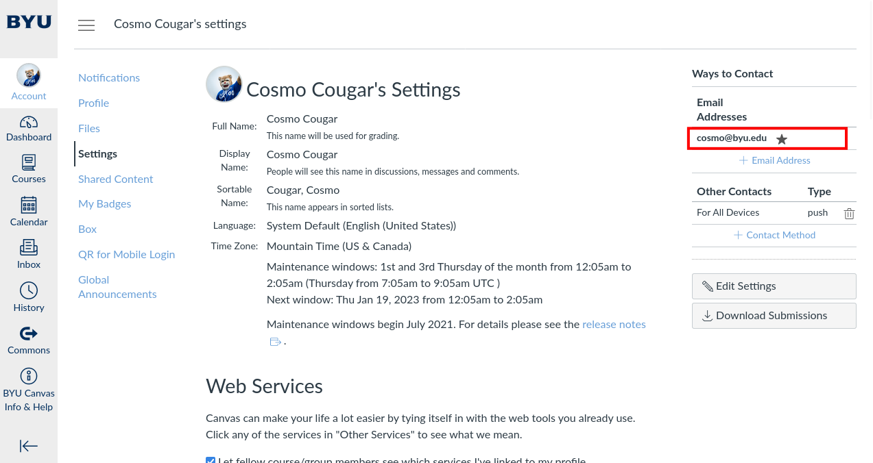 Canvas settings page